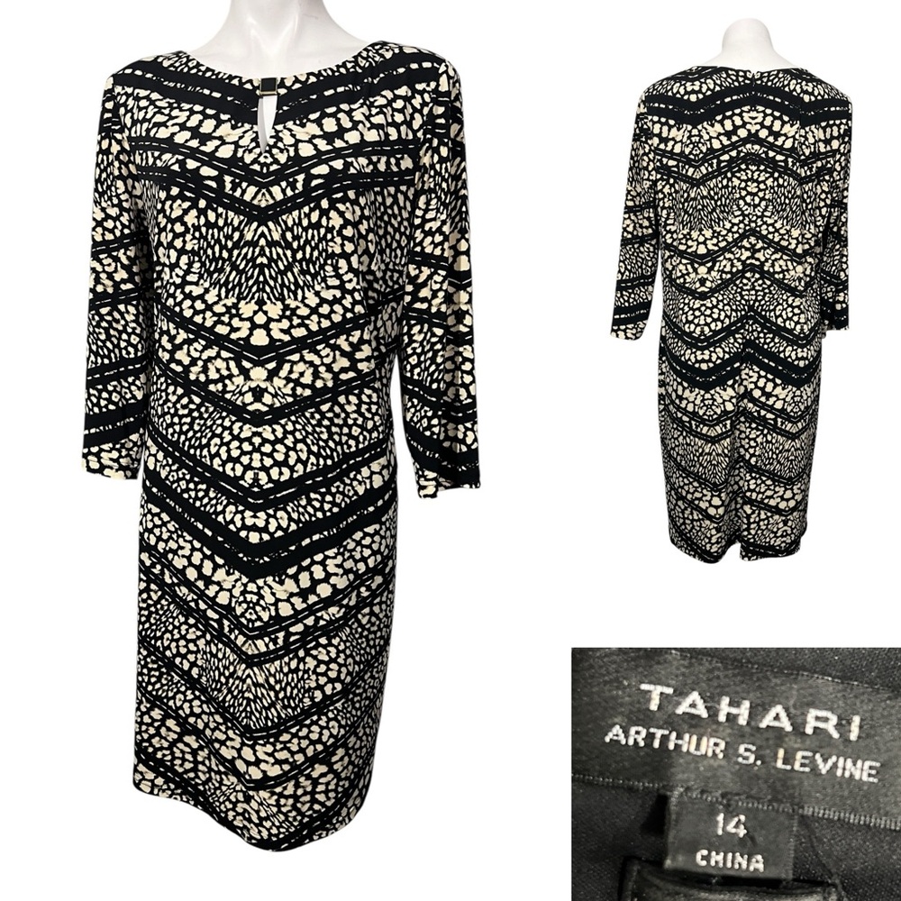 Tahari dress sz 14 Monochrome black/beige Geometric 3/4 sleeve stretch